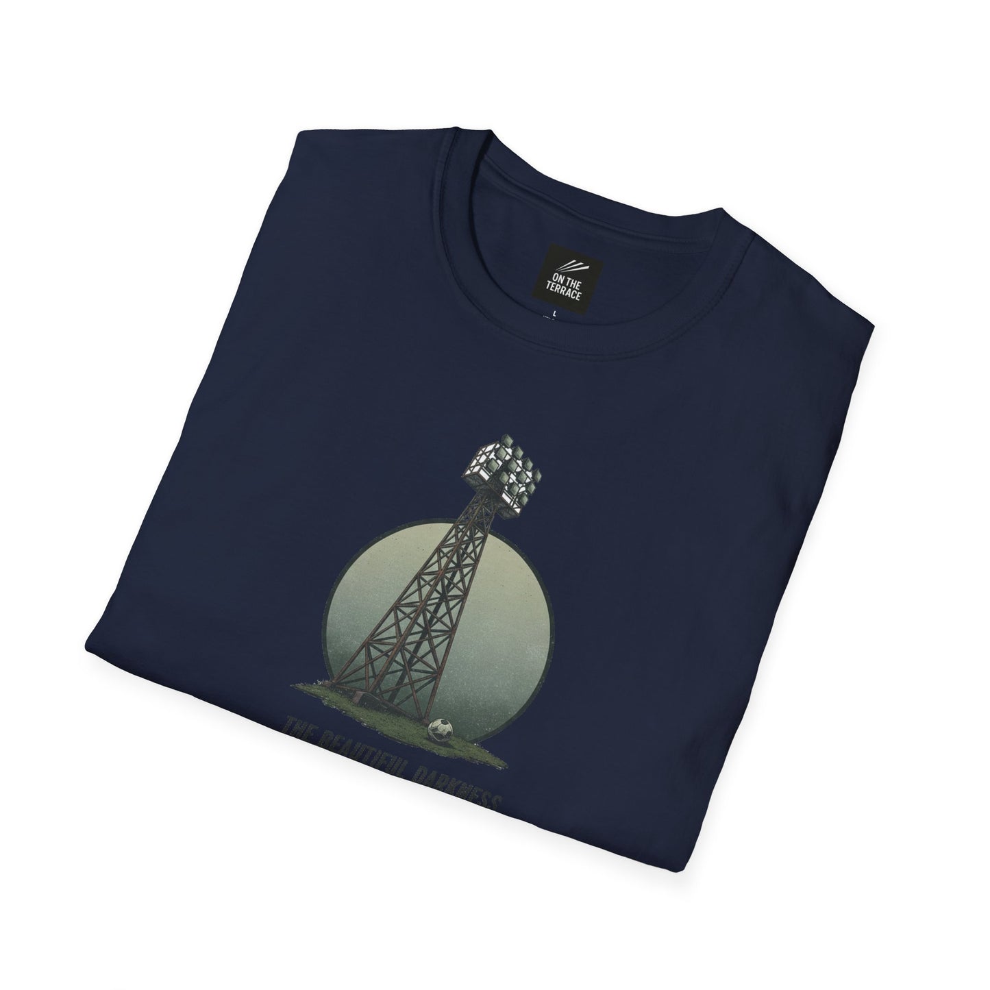 Navy blue folded T-shirt with a stadium floodlight tower and soccer ball design
