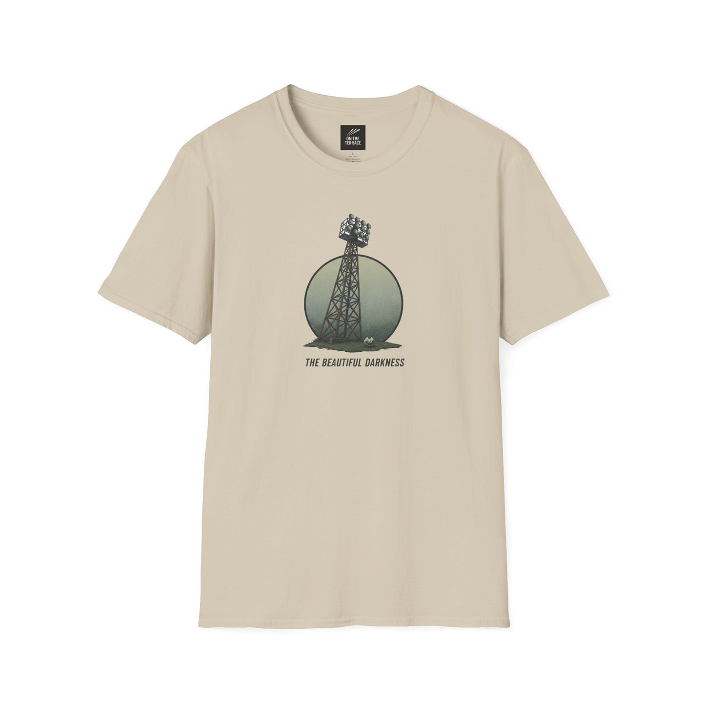 Beige t-shirt with graphic of stadium light tower and text The Beautiful Darkness
