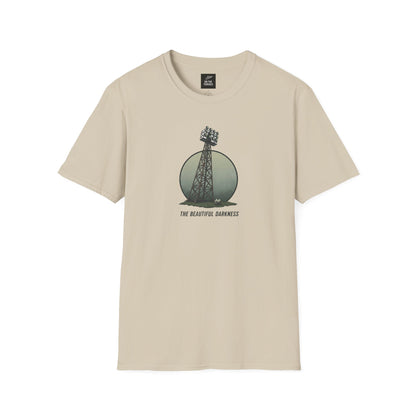 Beige t-shirt with graphic of stadium light tower and text The Beautiful Darkness