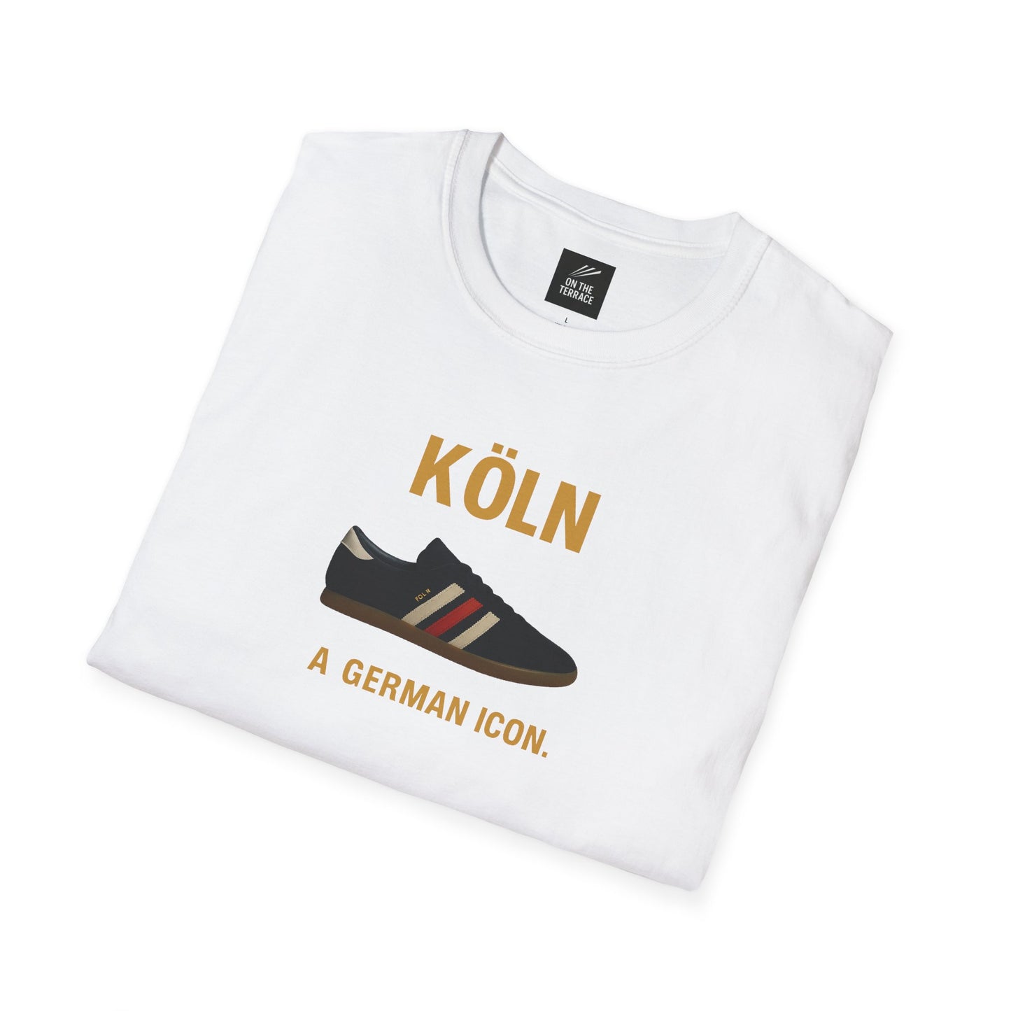 White t-shirt with printed design of a black sneaker and text Köln a German icon
