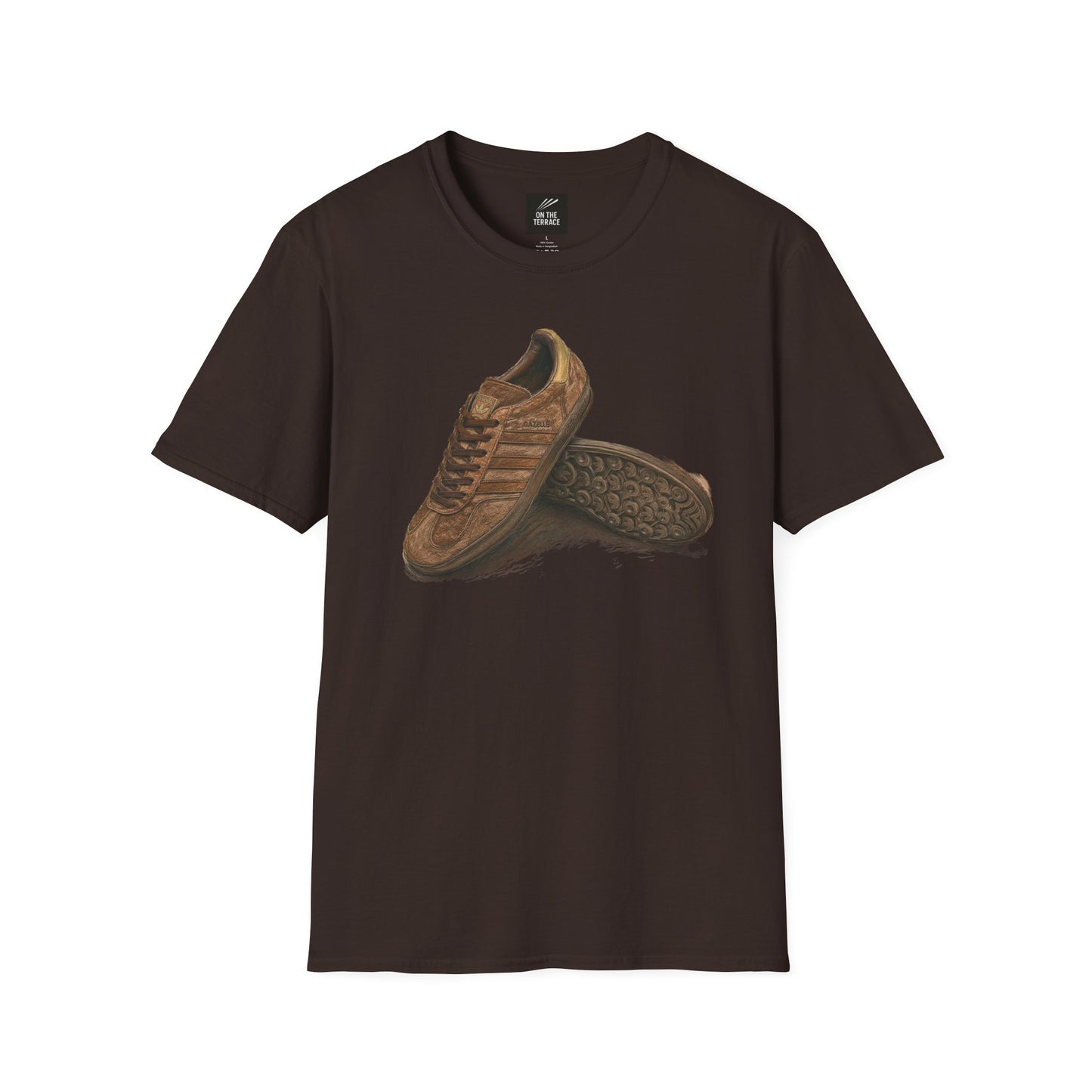 Brown t-shirt with a adidas sneaker graphic