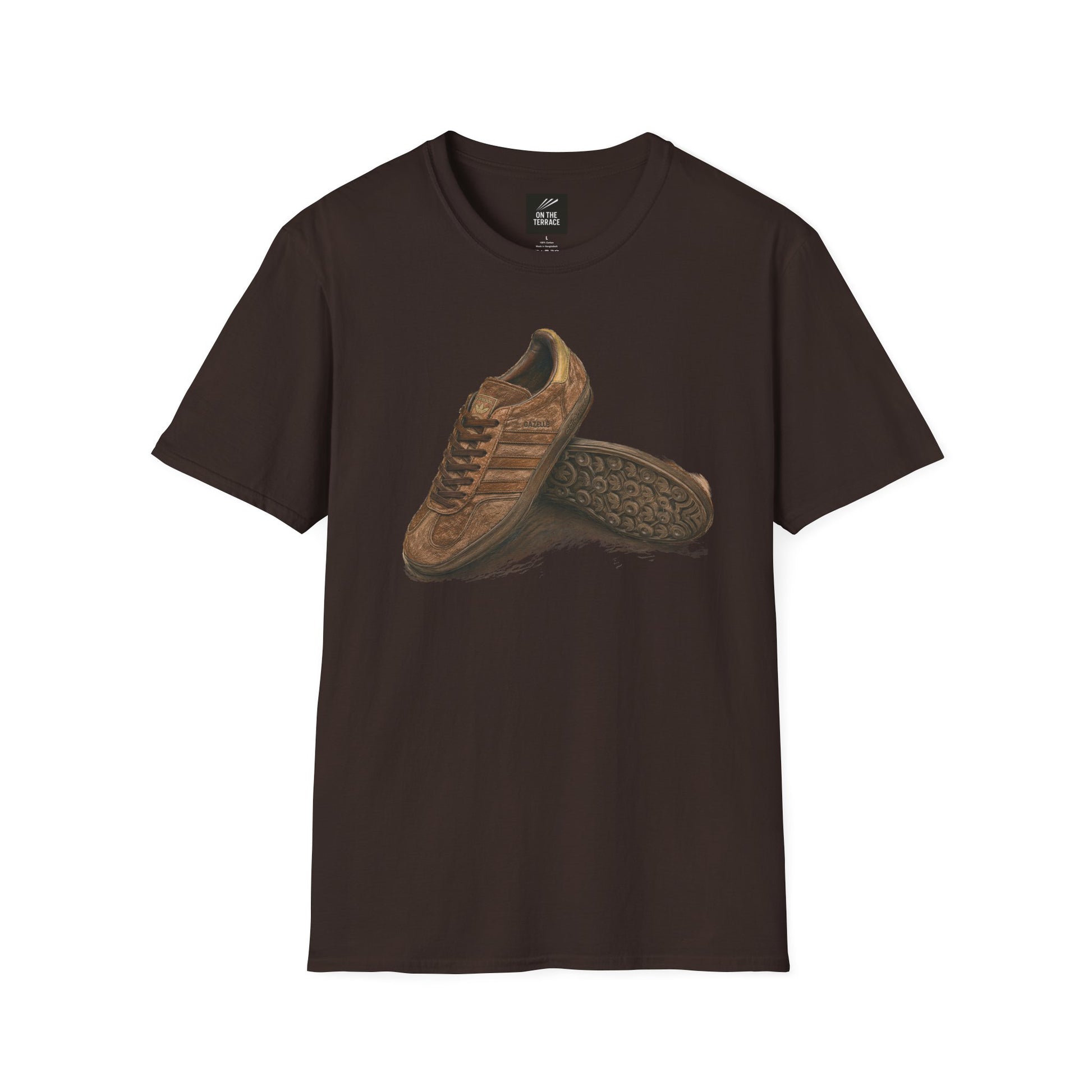 Brown t-shirt with a adidas sneaker graphic