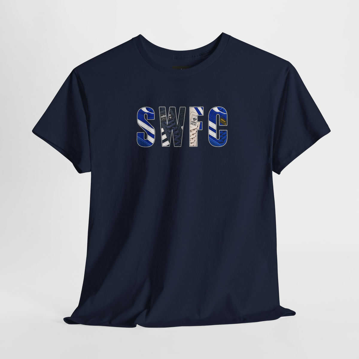 Navy SWFC supporter T-shirt with royal blue and white retro trainer design