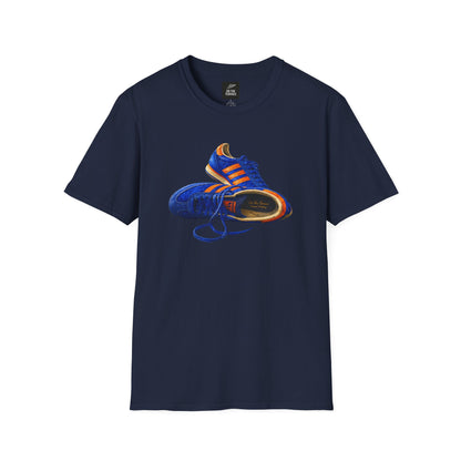 Navy t-shirt with hand-illustrated blue and orange retro terrace trainer sneaker graphic print, On The Terrace casual clothing brand
