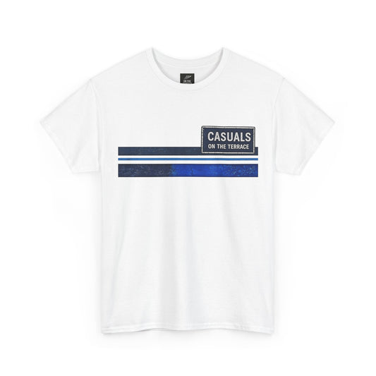 A white short-sleeve crewneck t-shirt with a graphic on the chest featuring horizontal navy and blue stripes and a black label that reads 'CASUALS ON THE TERRACE'.