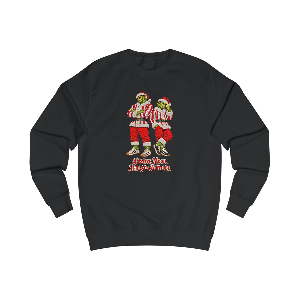 Black Northern Monkeys Christmas jumper with two chimp casuals in red and white striped Santa suits