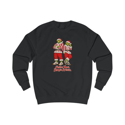Black Northern Monkeys Christmas jumper with two chimp casuals in red and white striped Santa suits