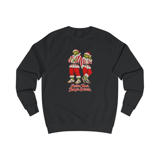 Black Northern Monkeys Christmas jumper with two chimp casuals in red and white striped Santa suits