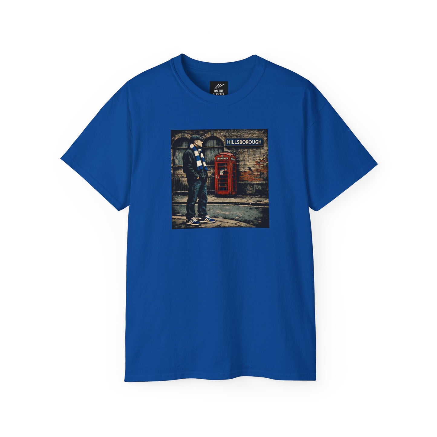 Blue Sheffield Wednesday FC inspired t-shirt with vintage graphic of a fan in flat cap