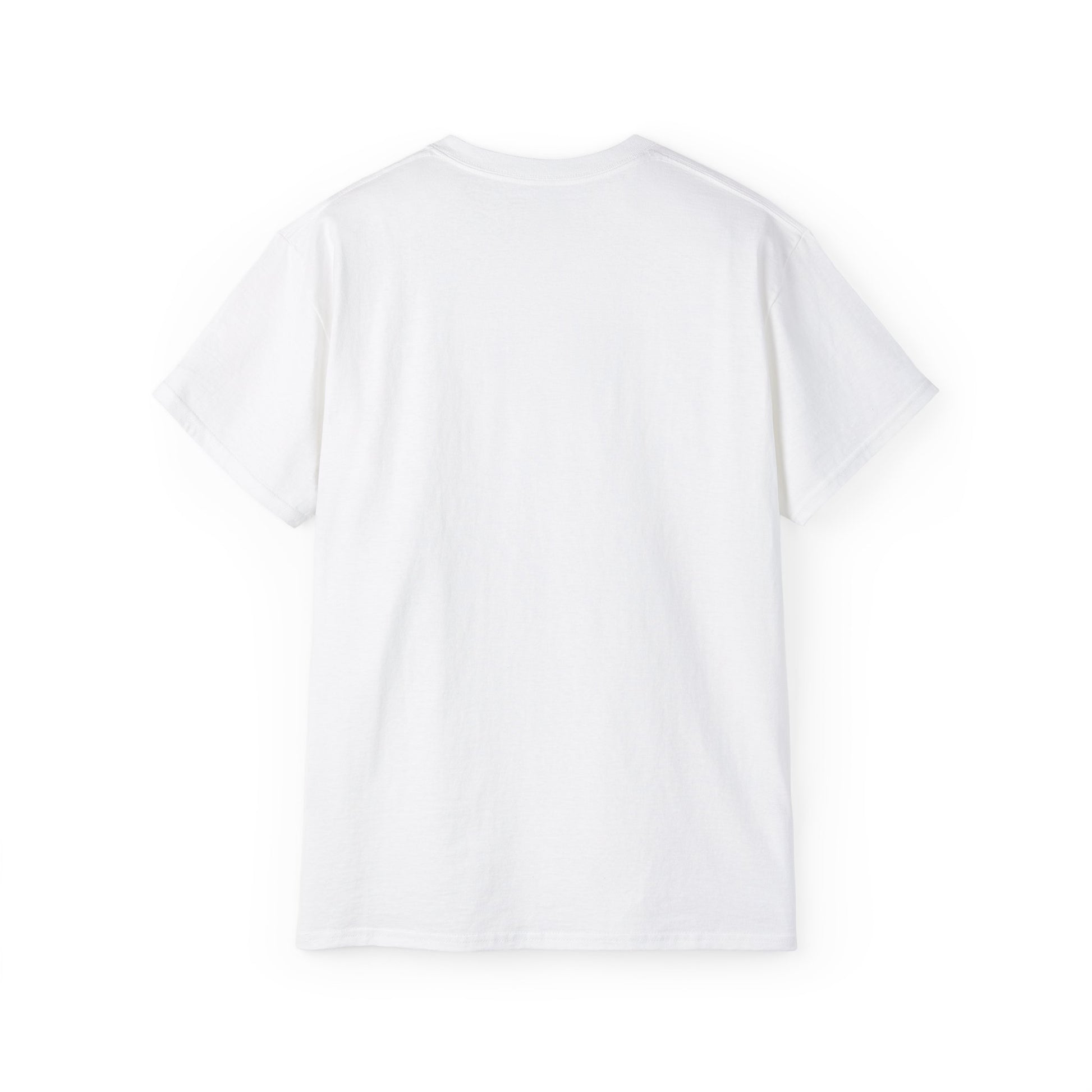 Plain white short sleeve cotton t-shirt laid flat showing the back side