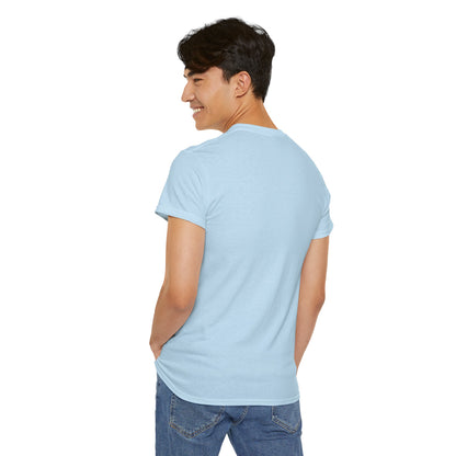 Back view of a man in the plain-backed sky blue Coventry Boys tee