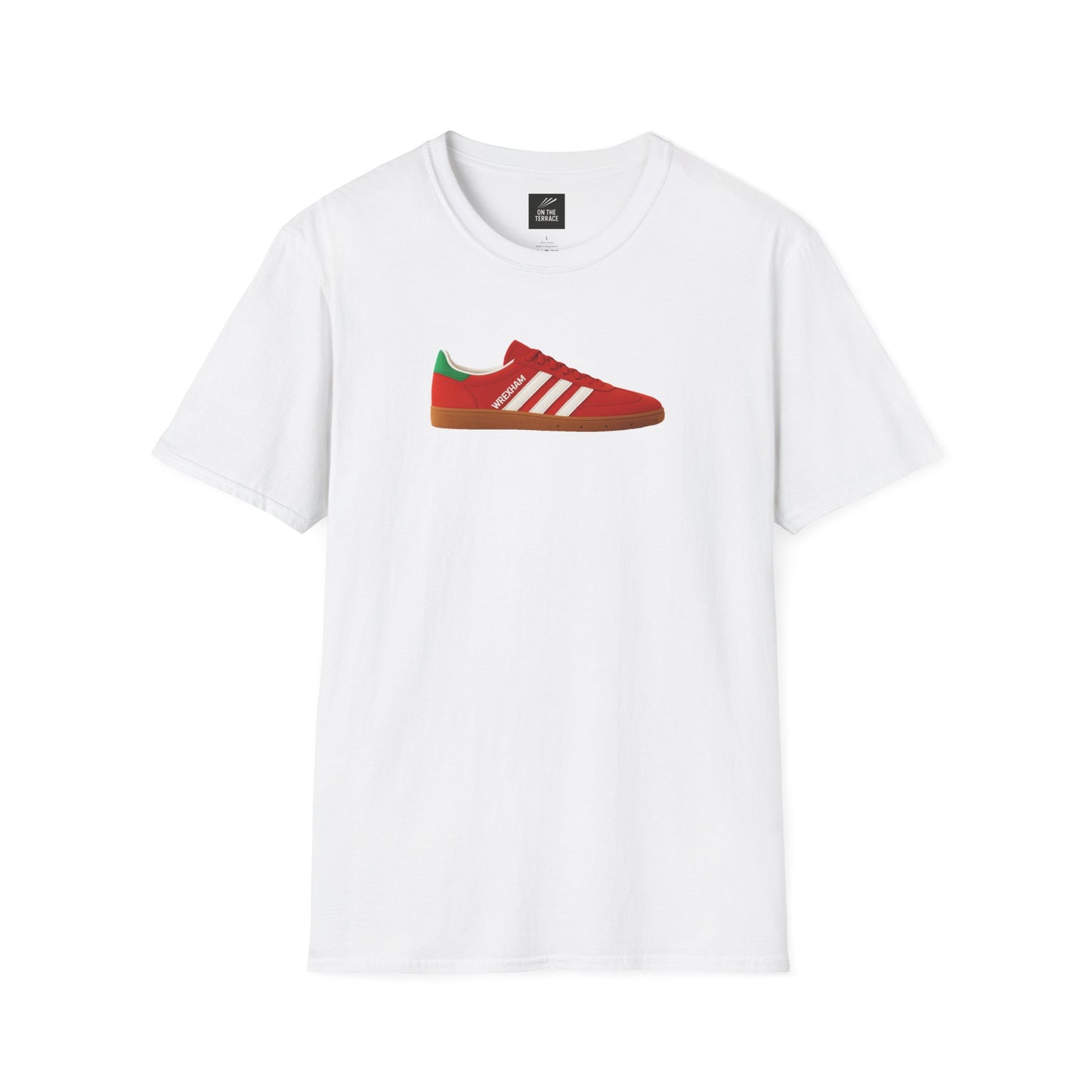 White T-shirt with a printed red sneaker featuring white stripes and green heel detail
