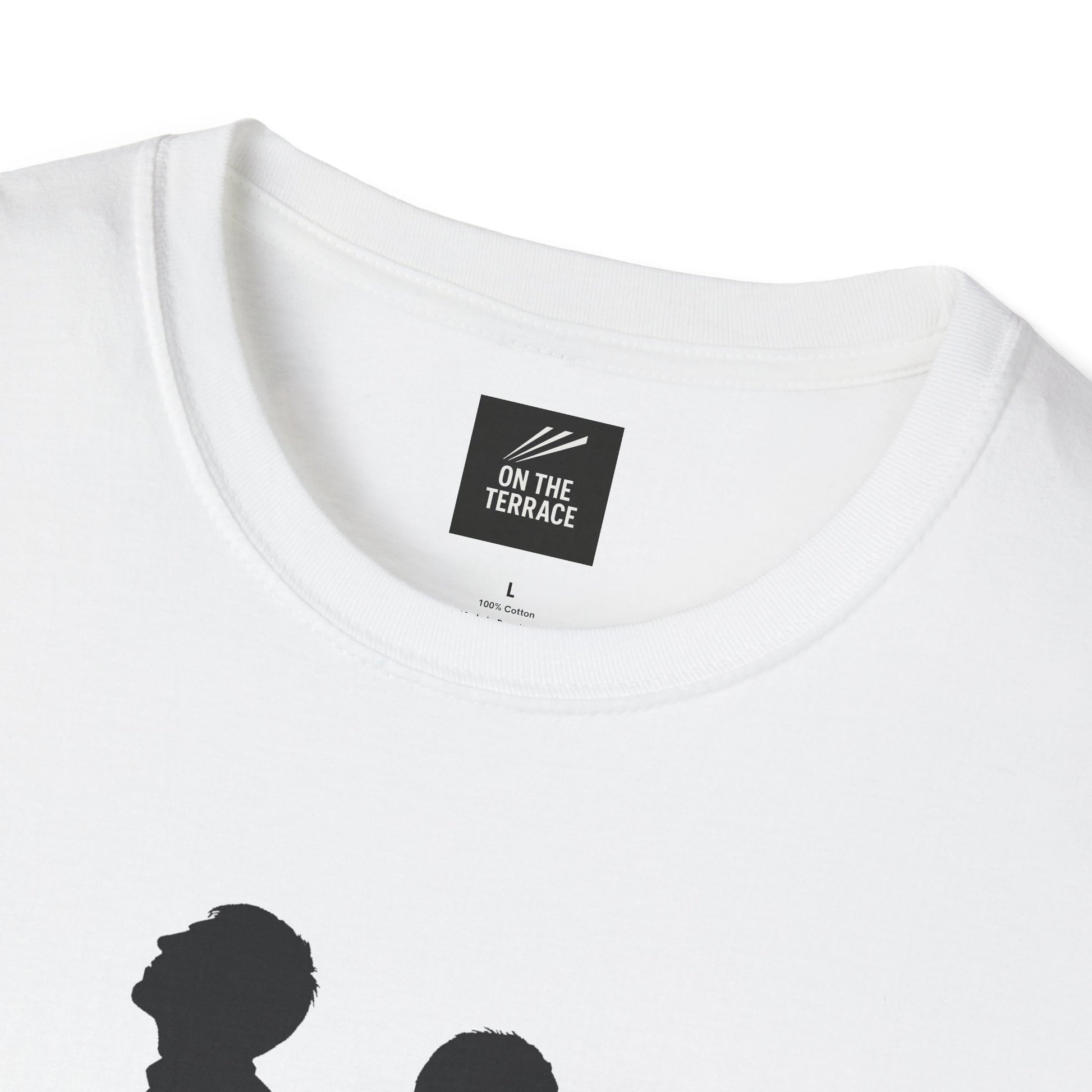 Close-up of white cotton T-shirt neckline featuring black On The Terrace label and silhouette print