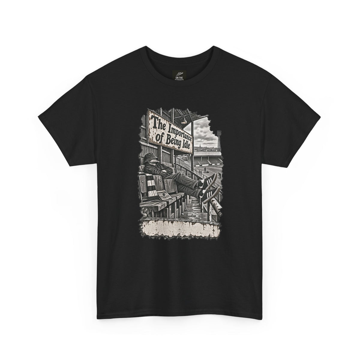 Black Oasis Importance of Being Idle T-shirt, front view with distressed terrace casual graphic