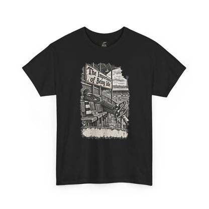 Black Oasis Importance of Being Idle T-shirt, front view with distressed terrace casual graphic