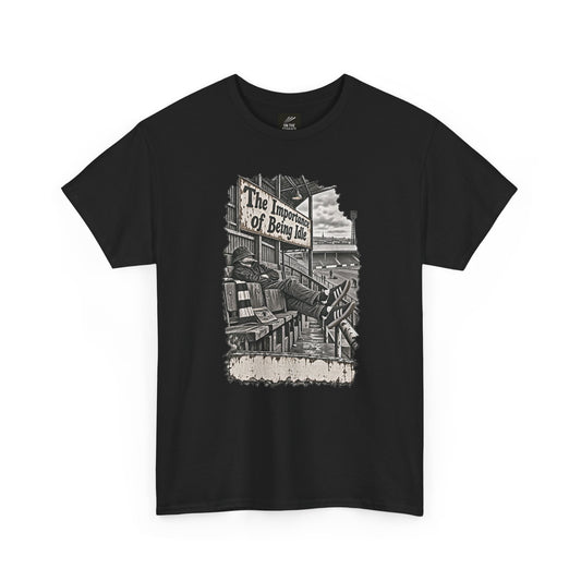 Black Oasis Importance of Being Idle T-shirt, front view with distressed terrace casual graphic