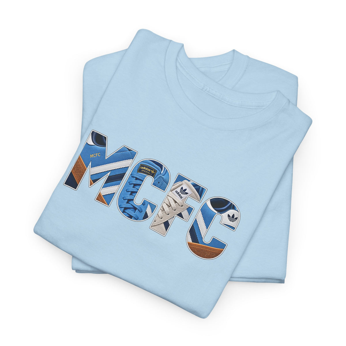 Manchester City-inspired terrace T-shirt with MCFC vintage trainer graphic