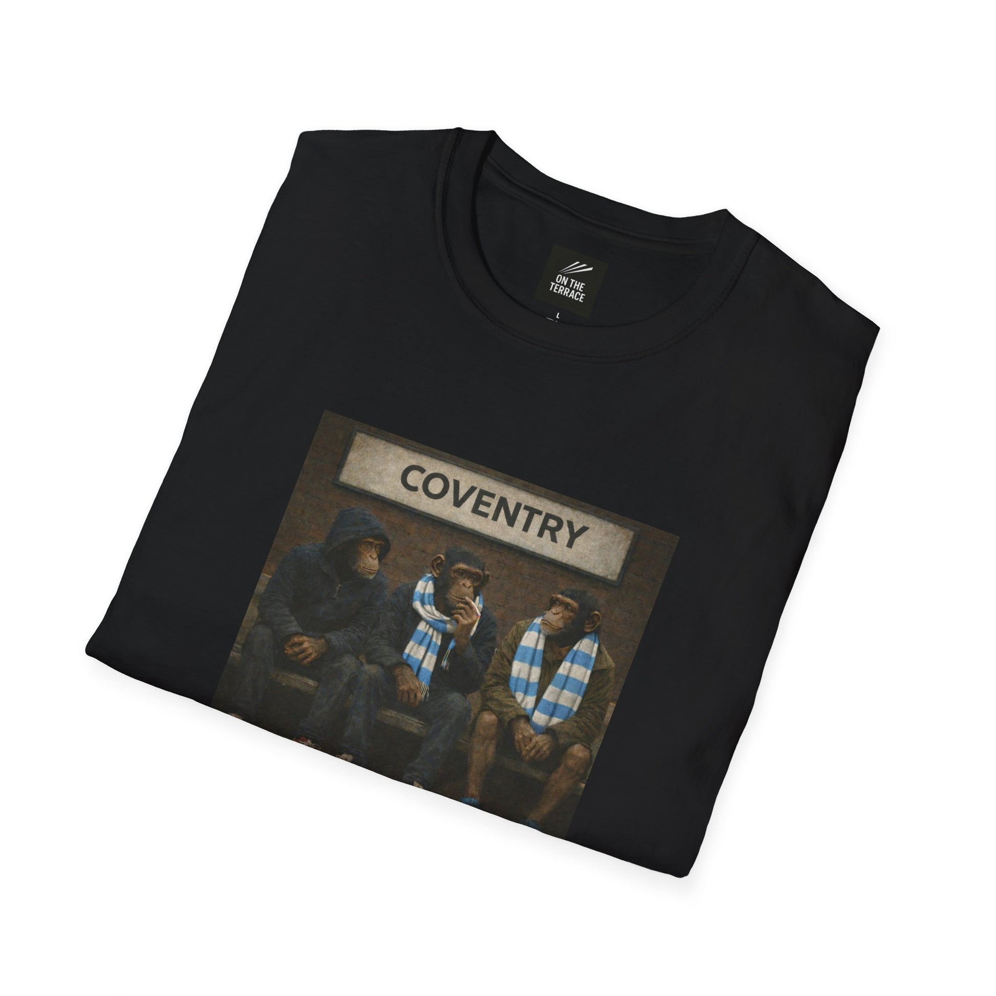 Coventry City Fan T-Shirt Folded black t-shirt with a graphic of three people and 'Coventry' text on a white background