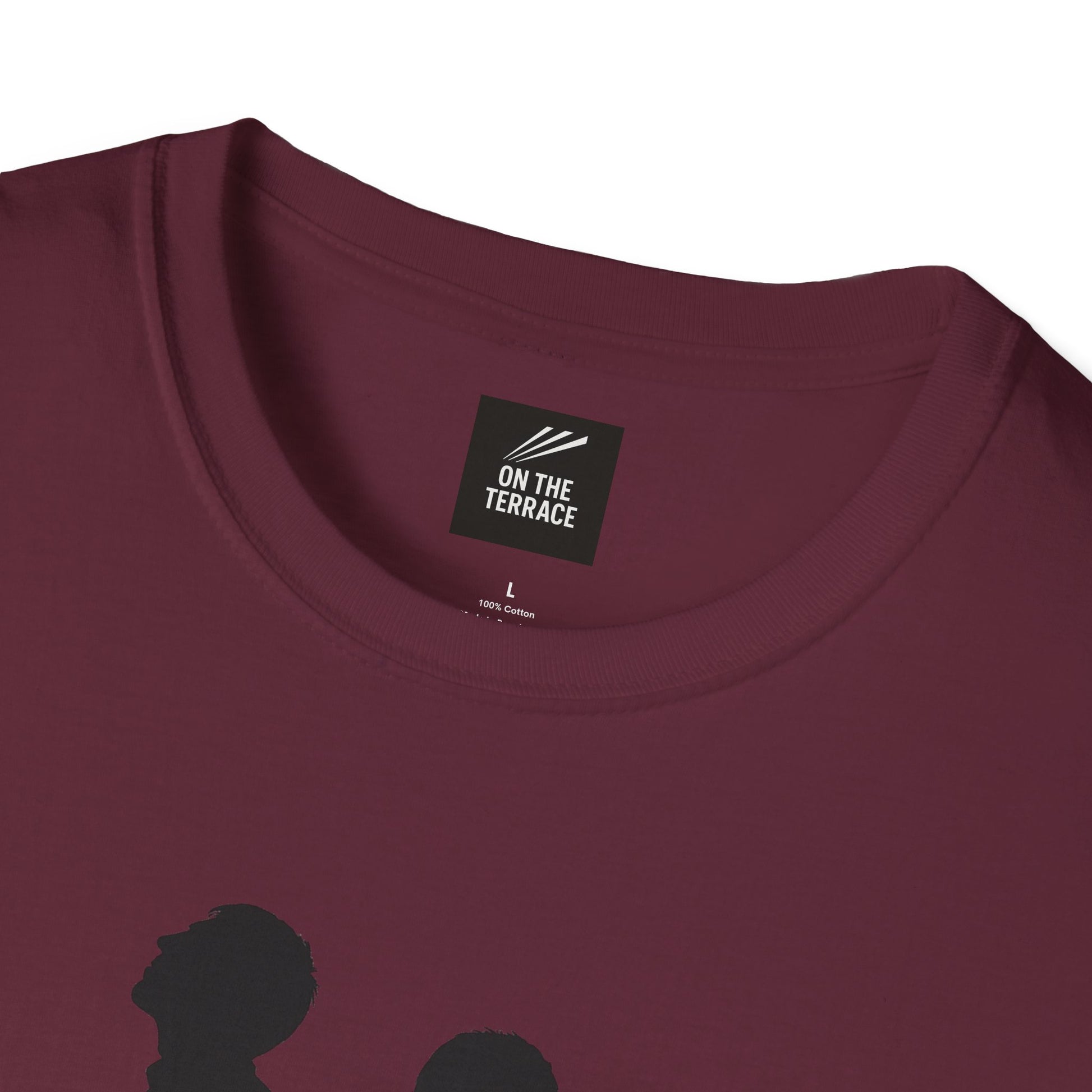 Burgundy cotton T-shirt with black silhouette graphic and On The Terrace label