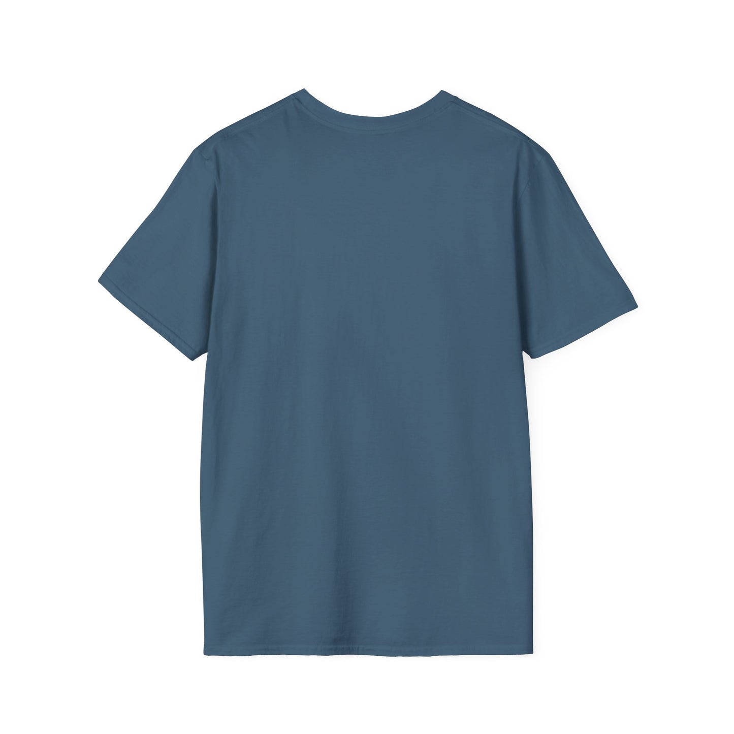Back view of a plain blue short-sleeve cotton t-shirt on white background