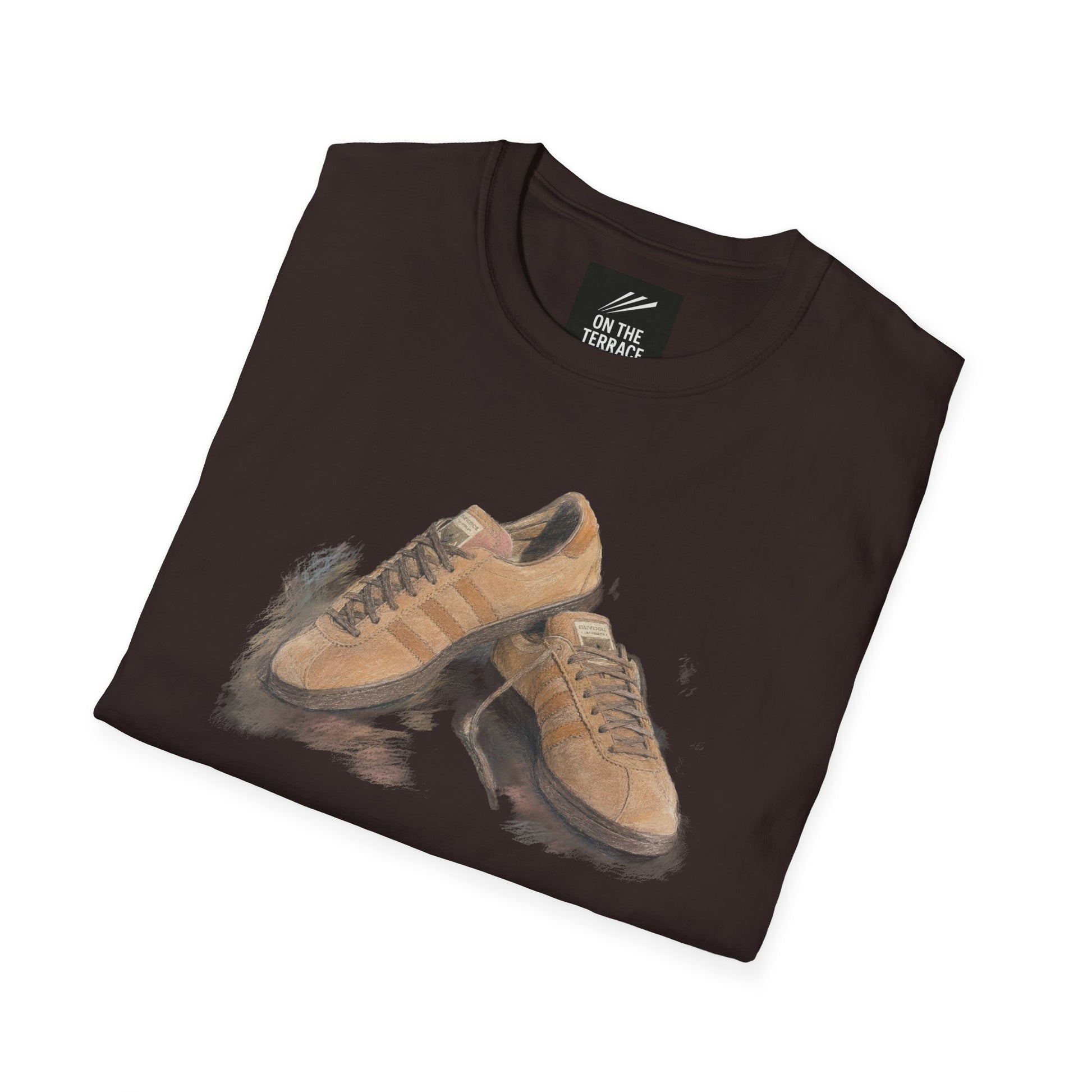 Brown Adidas Samba graphic t-shirt with detailed sneaker print showing side and sole view