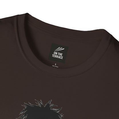 Close-up of black cotton T-shirt neckline with On The Terrace brand label and part of graphic print