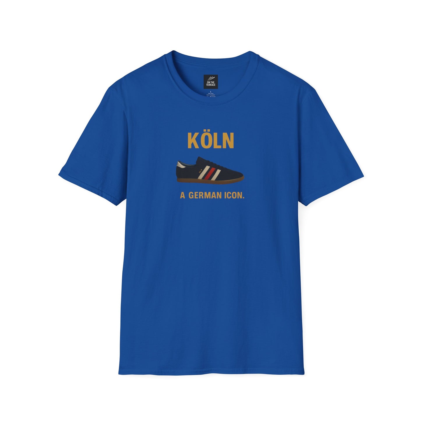 Blue t-shirt with graphic of black Adidas shoe and text 'KÖLN A GERMAN ICON' on front