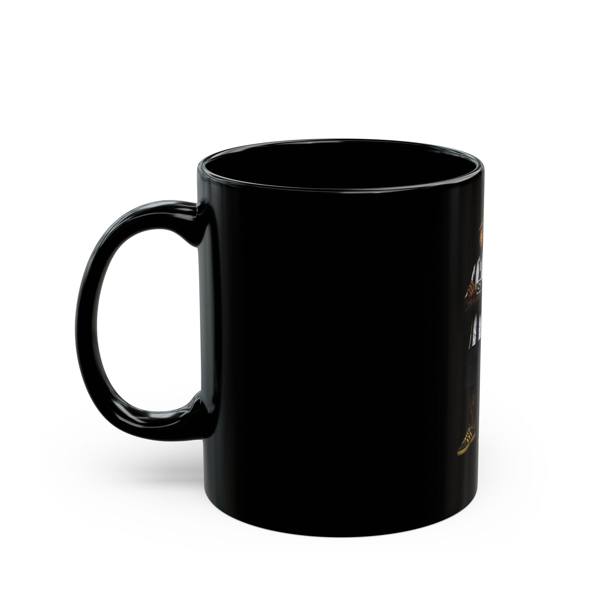 A black ceramic coffee mug featuring a detailed graphic print, showing two chimpanzees dressed in retro Sheffield Wednesday football kits; one wears the blue-and-white striped ASDA home shirt, and the other wears a yellow away shirt with a navy bucket hat.