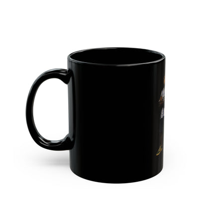 A black ceramic coffee mug featuring a detailed graphic print, showing two chimpanzees dressed in retro Sheffield Wednesday football kits; one wears the blue-and-white striped ASDA home shirt, and the other wears a yellow away shirt with a navy bucket hat.