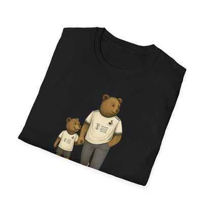 Black t-shirt with graphic of two bears wearing white shirts on a white background