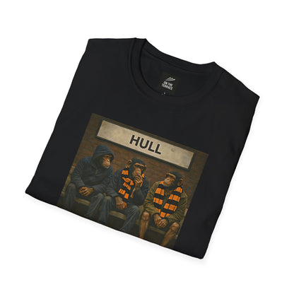 On The Terrace Northern Monkeys black graphic t-shirt featuring three casual monkeys on a bench under a Hull train station sign.
