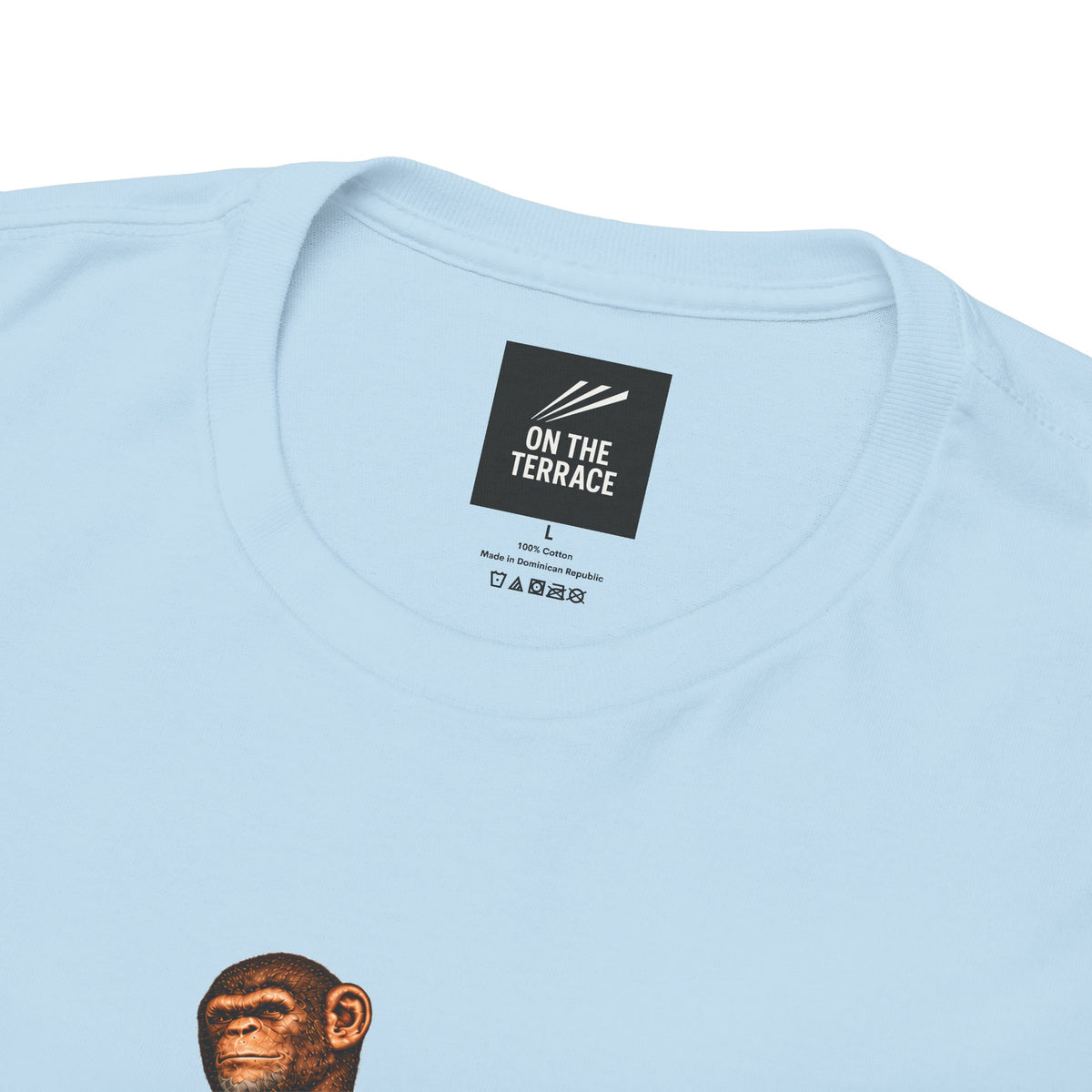 Close-up of the neck label on the sky blue Coventry Monkeys Duo tee
