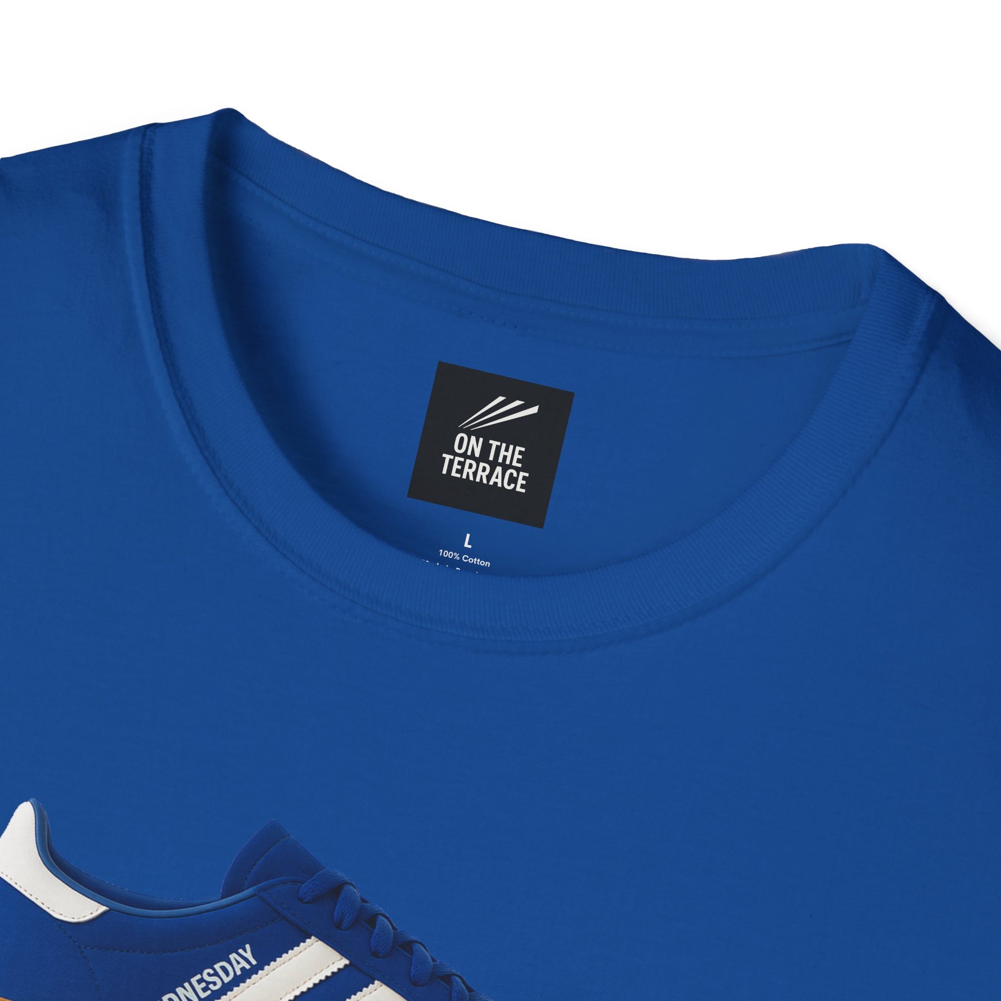 Sheffield Wednesday T-Shirt - Adidas Owls design in blue cotton with DTG print, featuring sneaker graphic and 'On The Terrace' label.