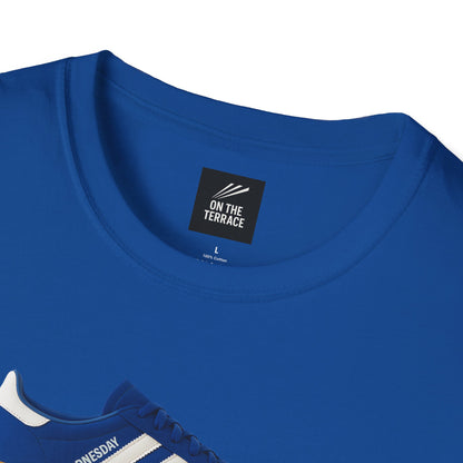 Sheffield Wednesday T-Shirt - Adidas Owls design in blue cotton with DTG print, featuring sneaker graphic and 'On The Terrace' label.