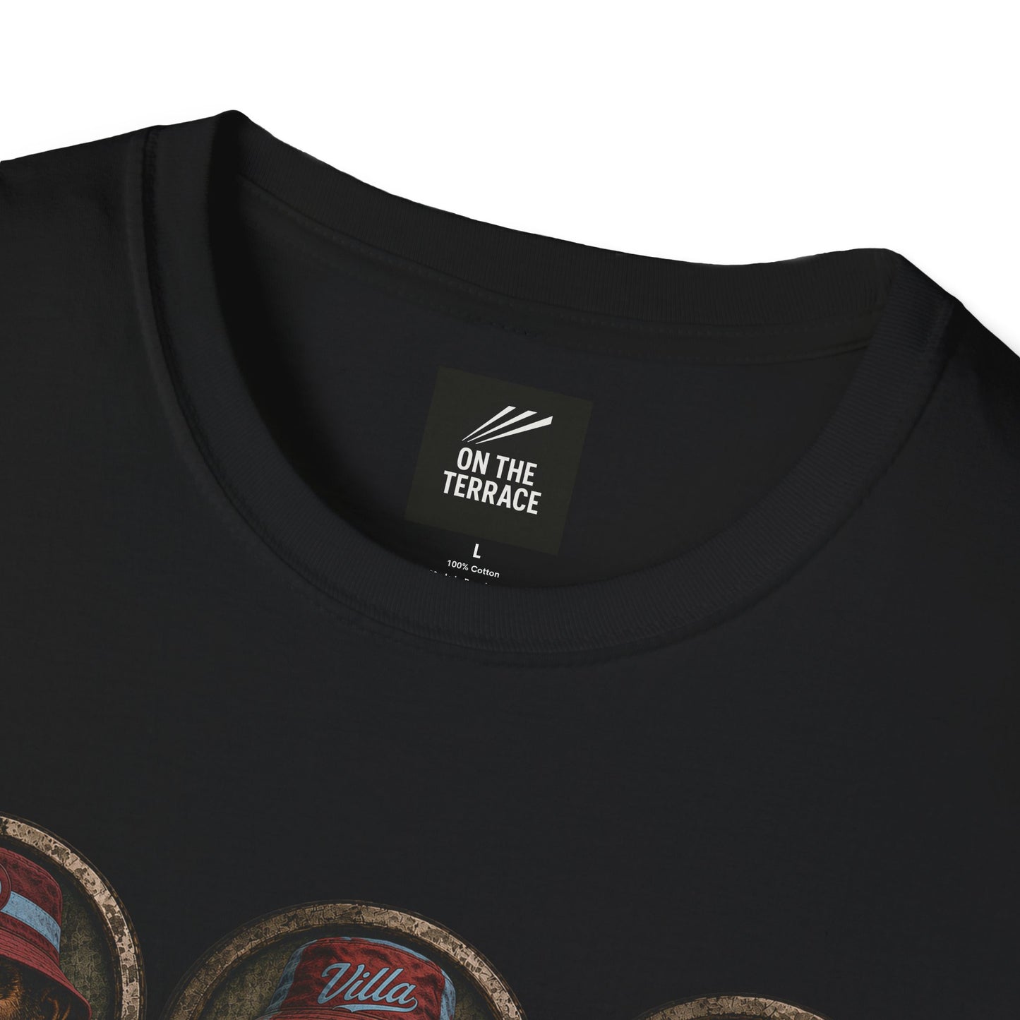 On The Terrace Northern Monkeys black graphic t-shirt featuring retro Aston Villa claret and blue inspired terrace casuals artwork.