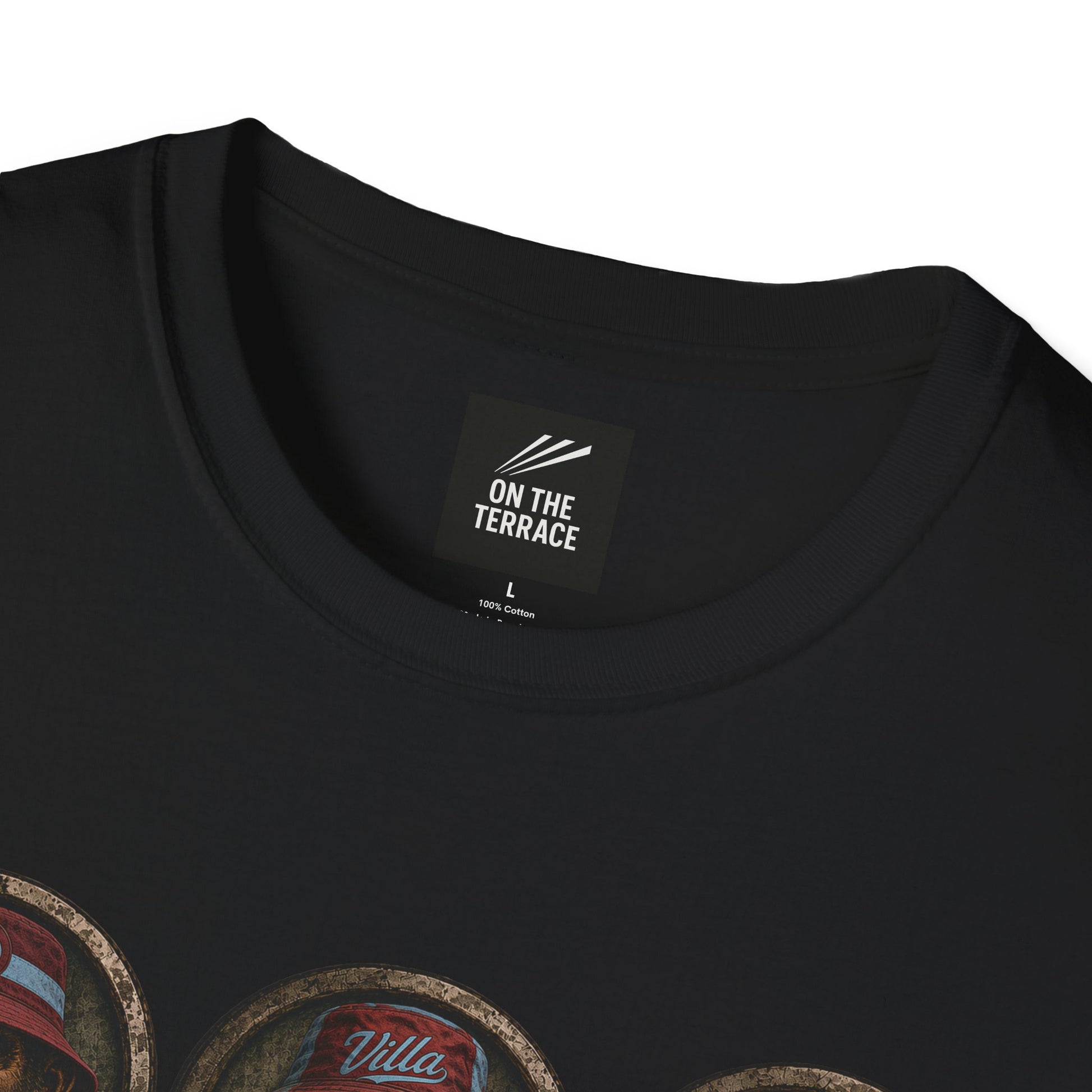 On The Terrace Northern Monkeys black graphic t-shirt featuring retro Aston Villa claret and blue inspired terrace casuals artwork.