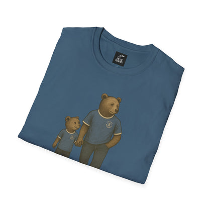 Blue folded T-shirt with illustration of two bears wearing matching blue shirts holding hands