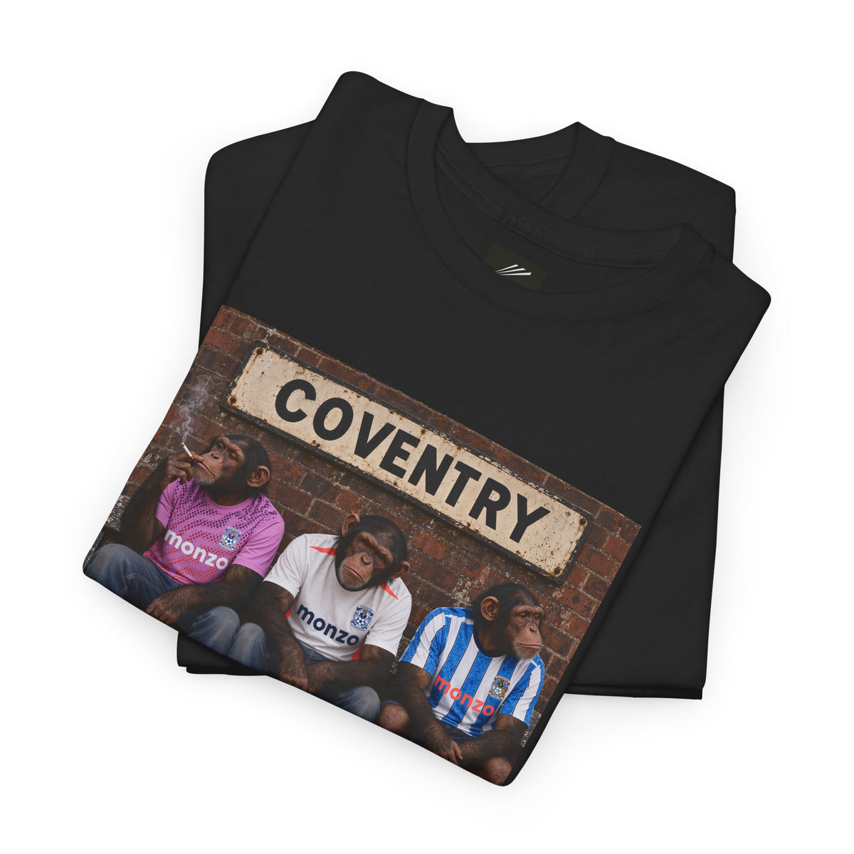Folded black T-shirt showing the COVENTRY sign and three chimps artwork