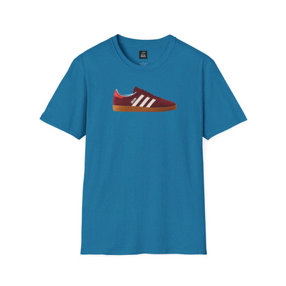 Blue t-shirt featuring a graphic of a red and white casual sneaker