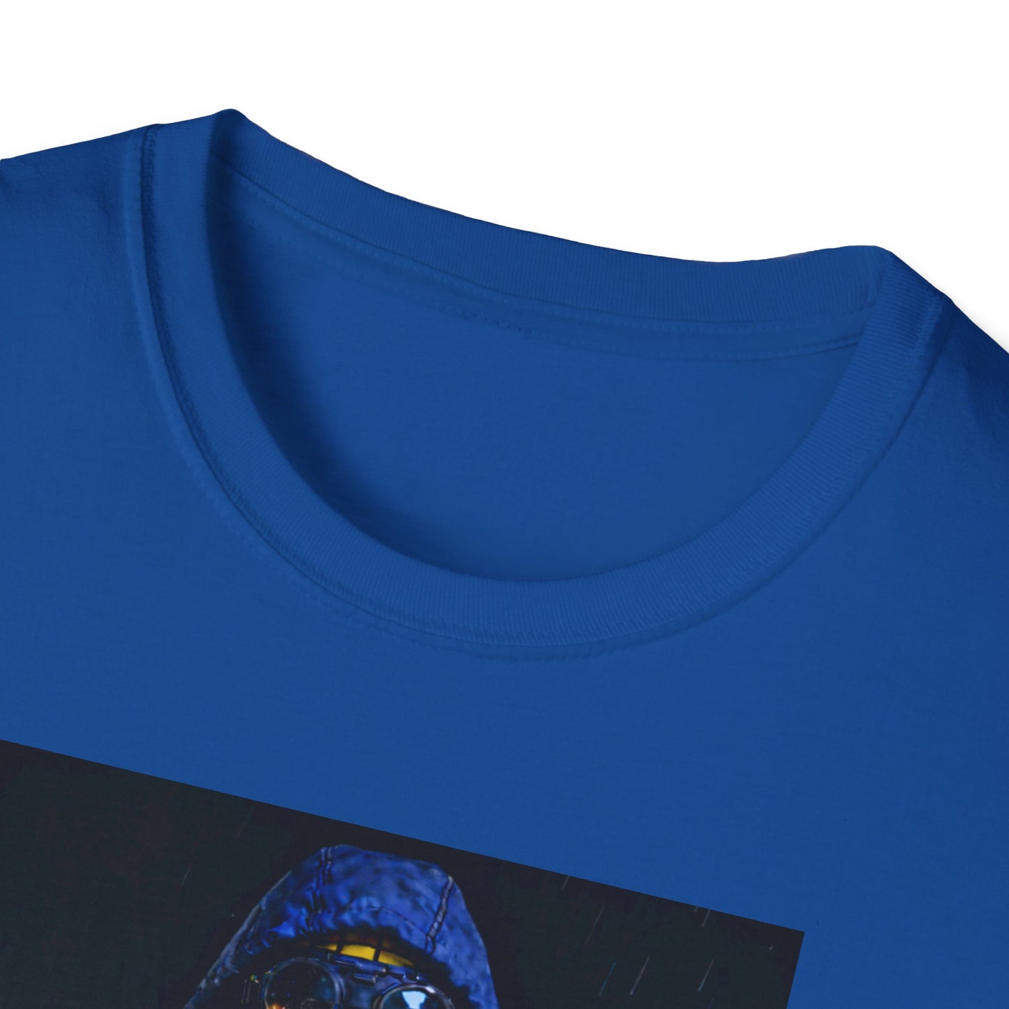 Close-up of blue crew neck t-shirt with printed graphic featuring person in blue hood and goggles