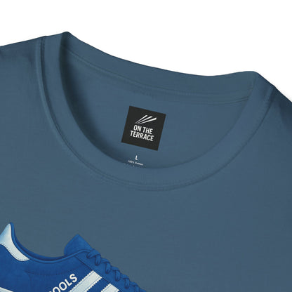 Blue cotton t-shirt with sneaker graphic and On The Terrace label at collar