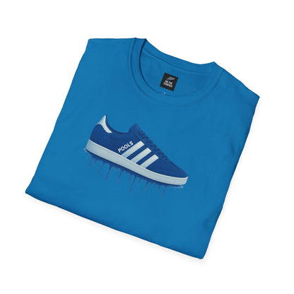 Folded blue t-shirt with graphic of blue sneaker and word 'POOLS', football casual style