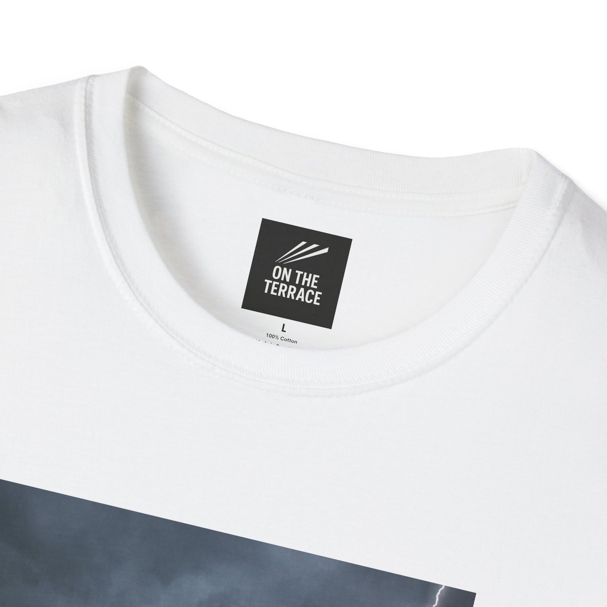 White t-shirt with 'On The Terrace' label on a white background