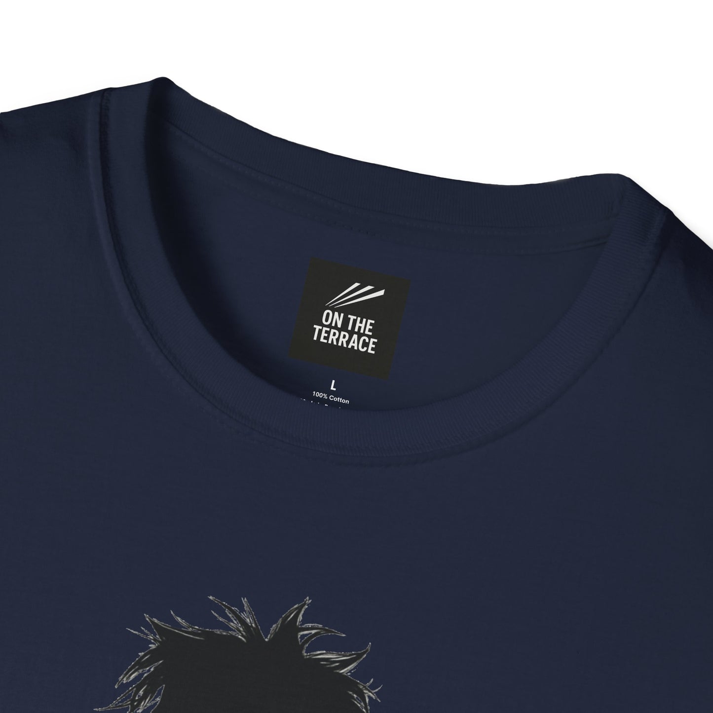 Navy blue cotton t-shirt with On The Terrace label and black graphic design near neckline