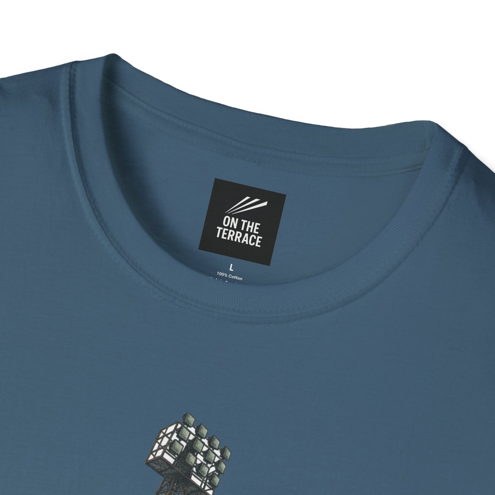 Blue cotton T-shirt with On The Terrace brand label and stadium floodlights print