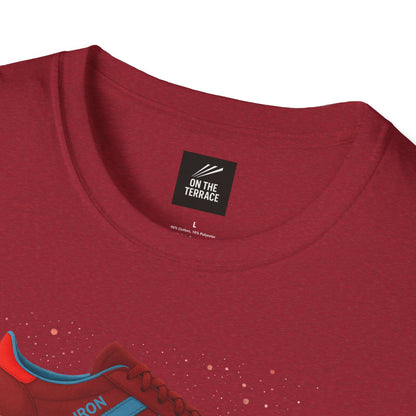 Close-up of maroon football casual t-shirt with blue and red trainer graphic