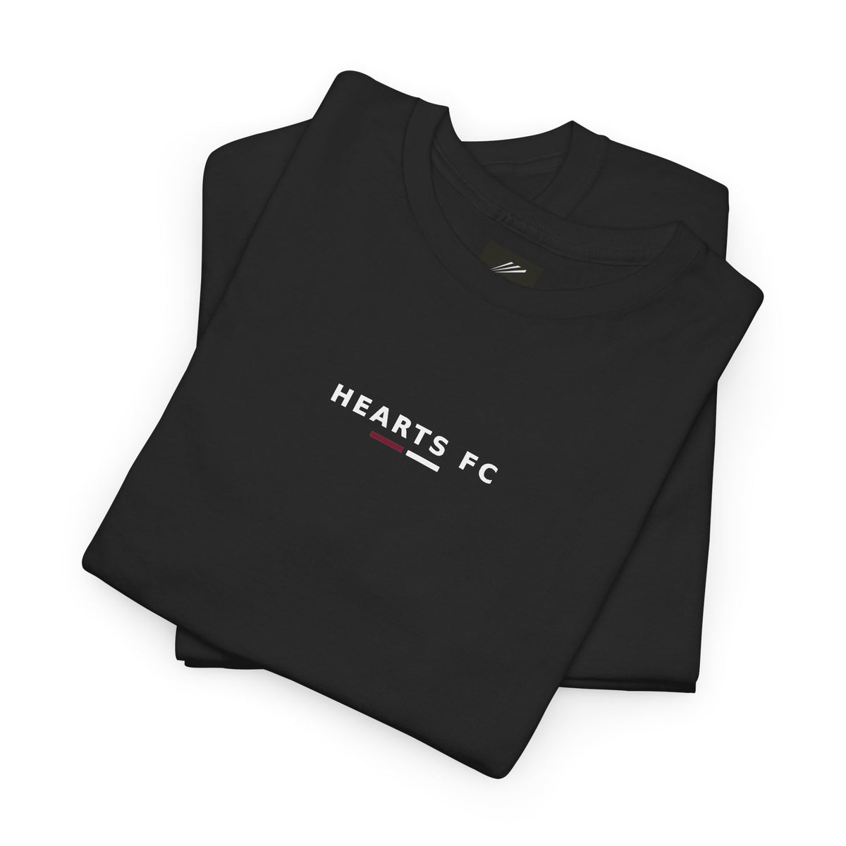 Folded black T-shirt showing the white HEARTS FC print with a maroon and white bar