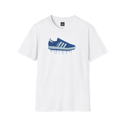 White t-shirt with graphic of a blue casual trainer sneaker and paint drip effect