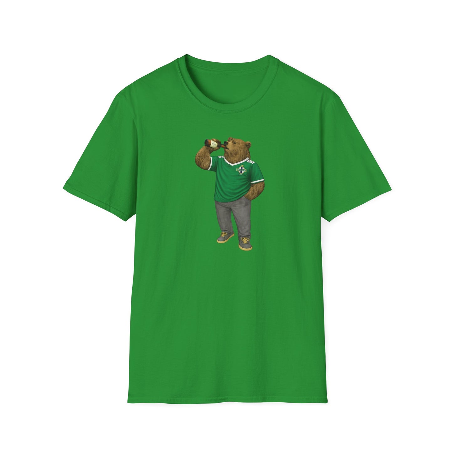 Northern Ireland Bear T-Shirt in green featuring a cartoon bear in a football jersey holding a drink, perfect for casual or festival wear.