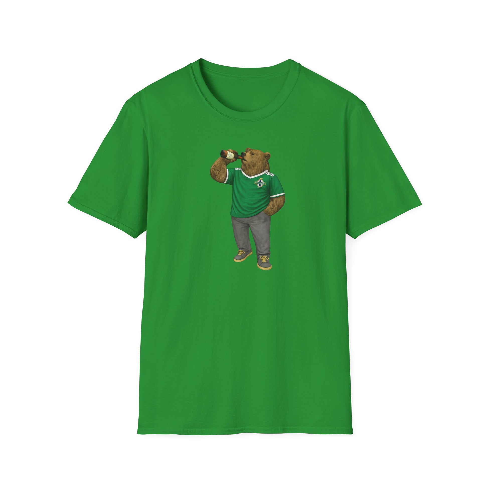 Northern Ireland Bear T-Shirt in green featuring a cartoon bear in a football jersey holding a drink, perfect for casual or festival wear.